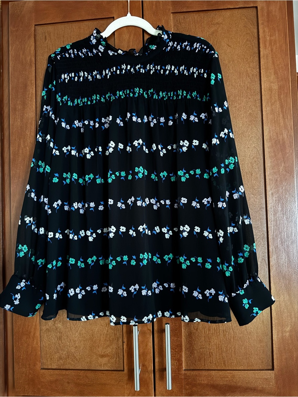 Ann Taylor Black Floral Smocked-Neck Long Sleeve Blouse - Picture 3 of 5